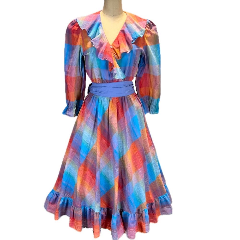 VINTAGE 80s plaid prairie dress ruffle poet collar a-line long sleeve midi‎ - Picture 3 of 17